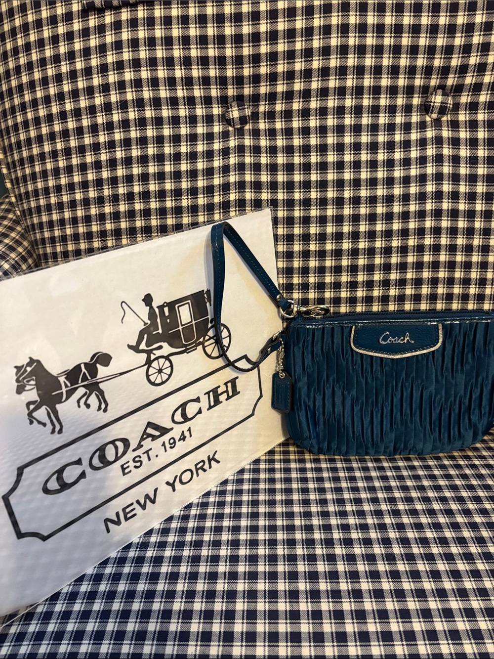 Coach pleated Teal satin  Ruffled Wristlet Clutch